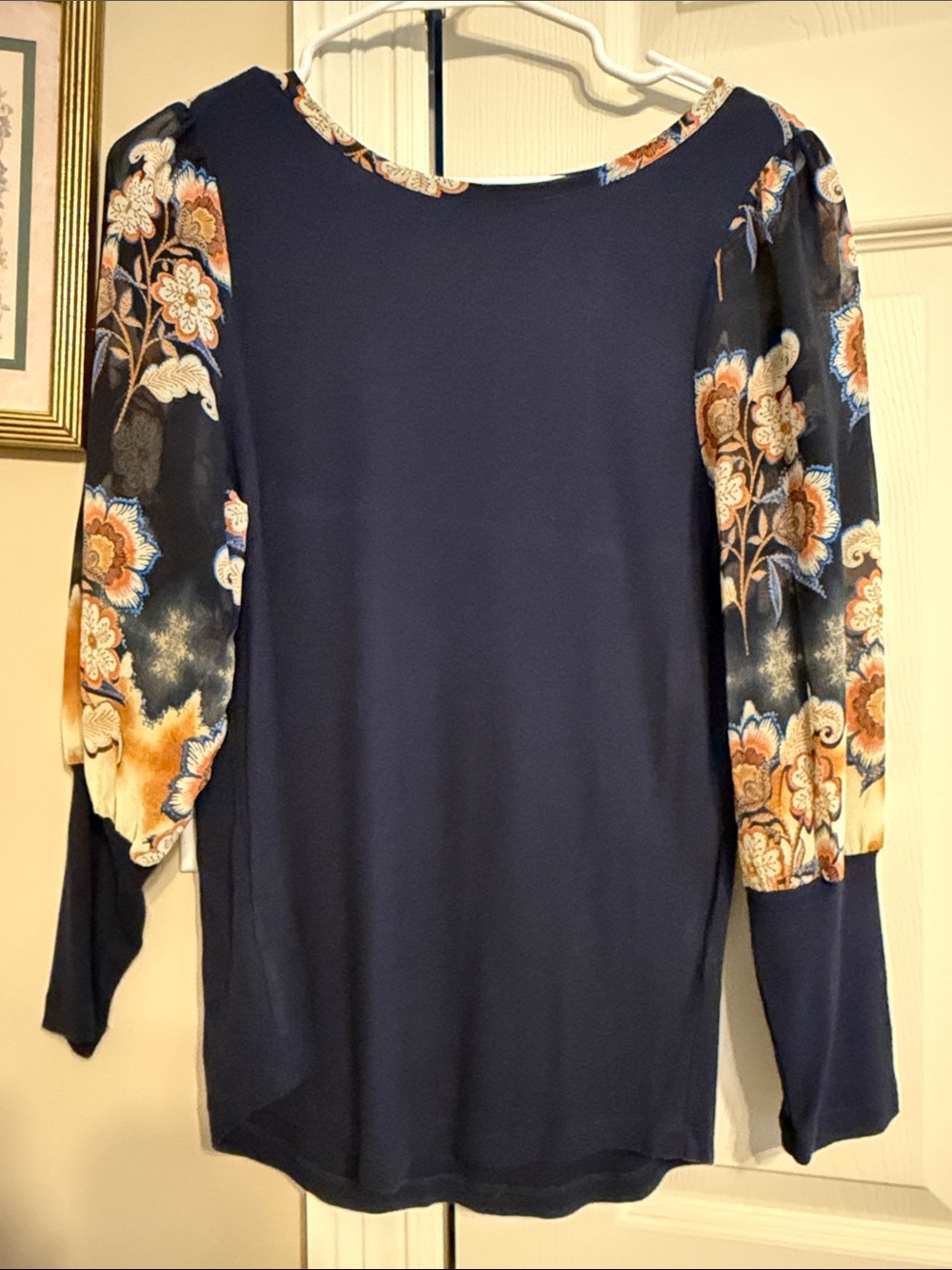 Liverpool Navy Blouse with Floral Puff Sleeves (Worn once)